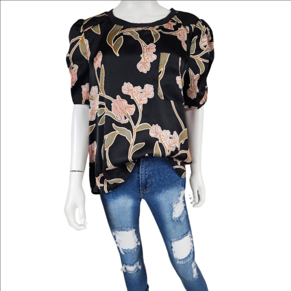 Dr 2 By Daniel Rainn Short Ruched Sleeve Floral Print Faux Satin Top Size XL